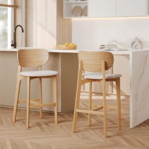 wohnli-moebel-suche-M25020503-1 2er Set Barstühle aus hellem Holz und hellbeigem Stoff 66 cm 48x96x40cm Holz Beige Maison Pavane Möbel Esszimmermöbel Barhocker