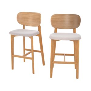 Wohnli Möbelsuche - 2er Set Barstühle aus hellem Holz und hellbeigem Stoff 66 cm