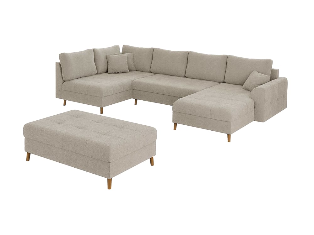 Wohnli Möbelsuche - Wohnlandschaft mit Schlaffunktion und Hocker aus Boucle-Stoff