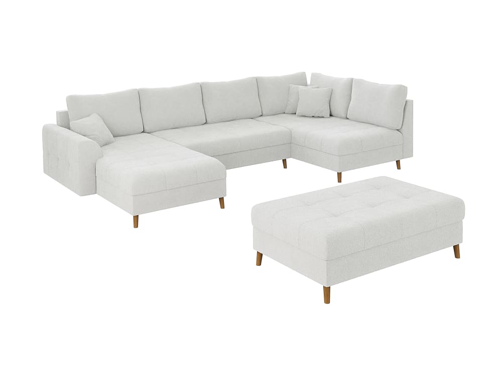 Wohnli Möbelsuche - Wohnlandschaft mit Schlaffunktion und Hocker aus Boucle-Stoff