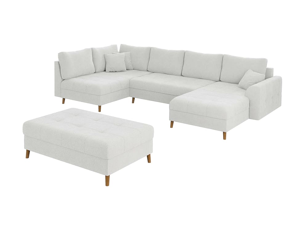 Wohnli Möbelsuche - Wohnlandschaft mit Schlaffunktion und Hocker aus Boucle-Stoff