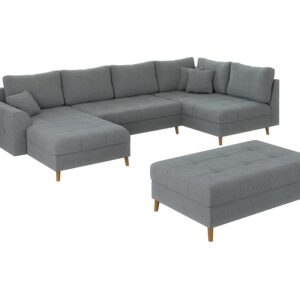 Wohnli Möbelsuche - Wohnlandschaft mit Schlaffunktion und Hocker aus Boucle-Stoff