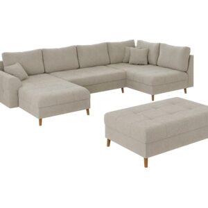 Wohnli Möbelsuche - Wohnlandschaft mit Schlaffunktion und Hocker aus Boucle-Stoff