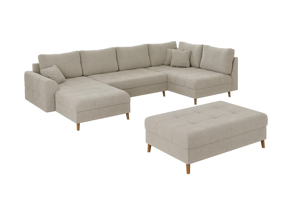 Wohnli Möbelsuche - Wohnlandschaft mit Schlaffunktion und Hocker aus Boucle-Stoff