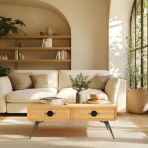 wohnli-moebel-suche-M25021258-1 Couchtisch 2 Schubladen Kiefer 120x46x60cm Holz Braun MACABANE Möbel Wohnzimmermöbel Couchtische