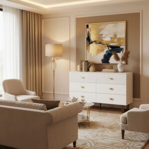 Elegante weiße Kommode mit goldenen Griffen 120x75x40cm Spanplatte Weiß Urban Meuble Möbel Schlafzimmermöbel Kommoden