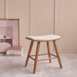 wohnli-moebel-suche-M25022676-1 Hocker aus massivem Teakholz Sitzfläche aus Bouclé 45 cm 48x47x35cm Holz Beige BERAH GETAH Möbel Esszimmermöbel Barhocker