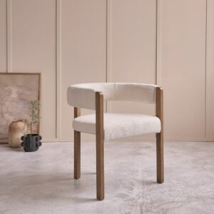 Abgerundeter Stuhl aus massiver Eiche und Bouclé-Stoff 61x70x61cm Holz Beige BERAH GETAH Möbel Esszimmermöbel Stühle