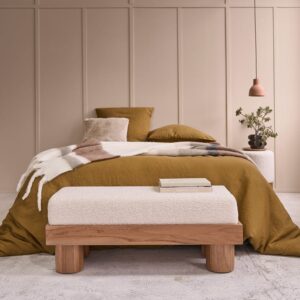 Bank aus massivem Teakholz und Bouclé-Stoff 100 cm 100x40x100cm Holz Beige BERAH GETAH Möbel Esszimmermöbel Sitzbank und Holzbank