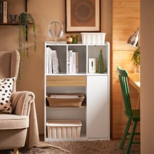 Bücherregal mit Schubladen aus  MDF(E1) Weiß 72x110x30cm Spanplatte Weiß SoBuy Möbel Wohnzimmermöbel Bücherregale