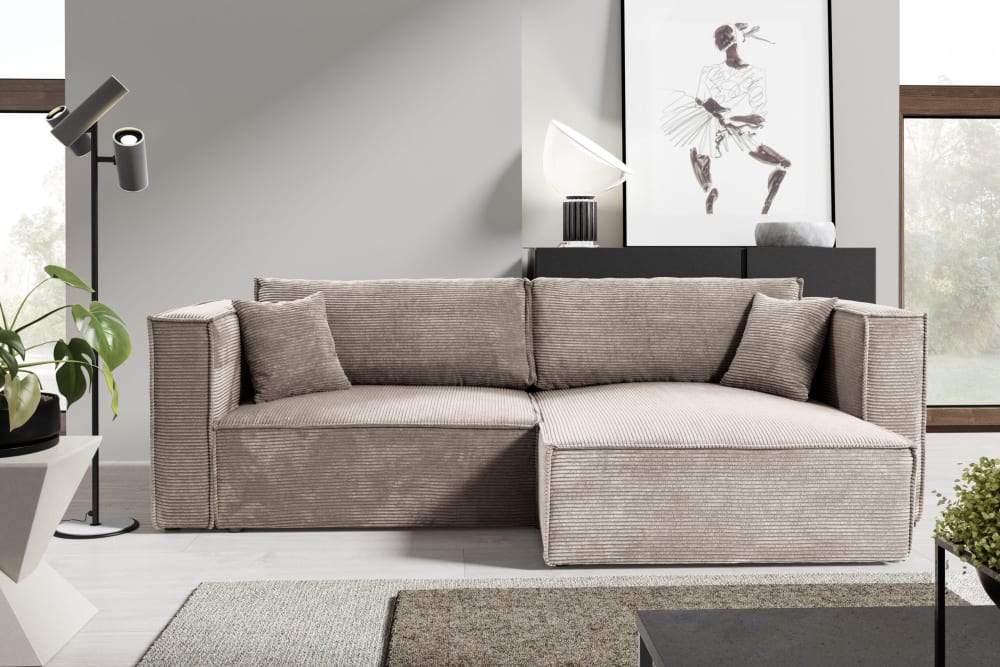 Ecksofa mit Schlaffunktion Cord Grau-Braun 148x70x245cm Holz Grau Furnisell Sofas und Sessel Sofas Ecksofas