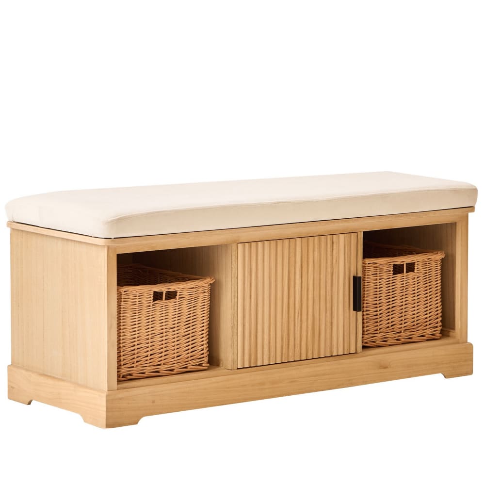 Wohnli Möbelsuche - Eingangsbank aus Massivholz und Samt Beige