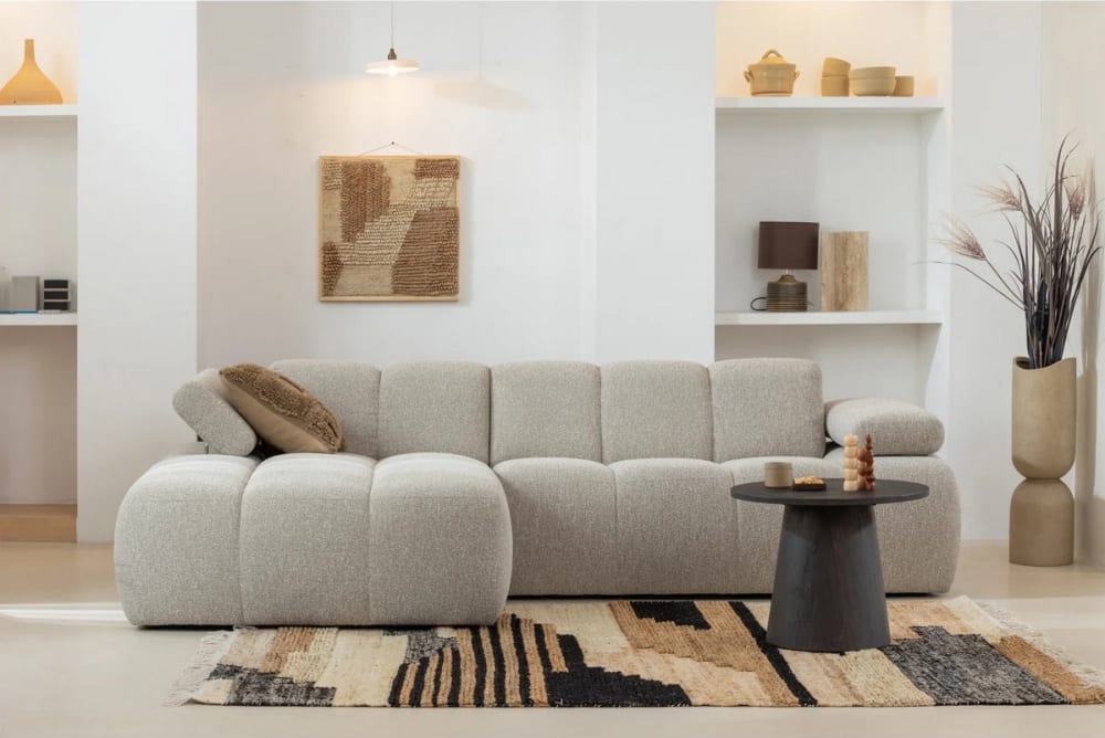 Beiges linkes Ecksofa L284 284x74x160cm Stoff Beige WOOOD Sofas und Sessel Sofas Ecksofas