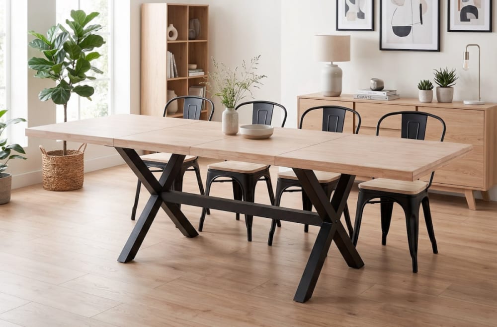 wohnli-moebel-suche-M25028058-1 Ausziehbarer Esstisch aus Eichenholz und Stahl 140x76x90cm Holz Beige Mathi Design Möbel Esszimmermöbel Esstische