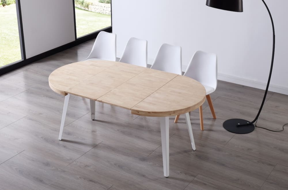 Ausziehbarer runder Esstisch aus Holz und Stahl D120 200x76x120cm Holz Weiß Mathi Design Möbel Esszimmermöbel Esstische