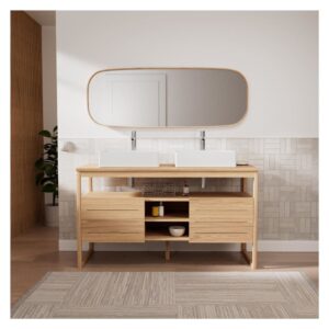 wohnli-moebel-suche-M25028704-1 140 cm Doppelspültisch-Set + Spülbecken + Wasserhähne + -Spiegel 140x78x50cm Holz Braun Mob In Möbel Badezimmermöbel Waschtische