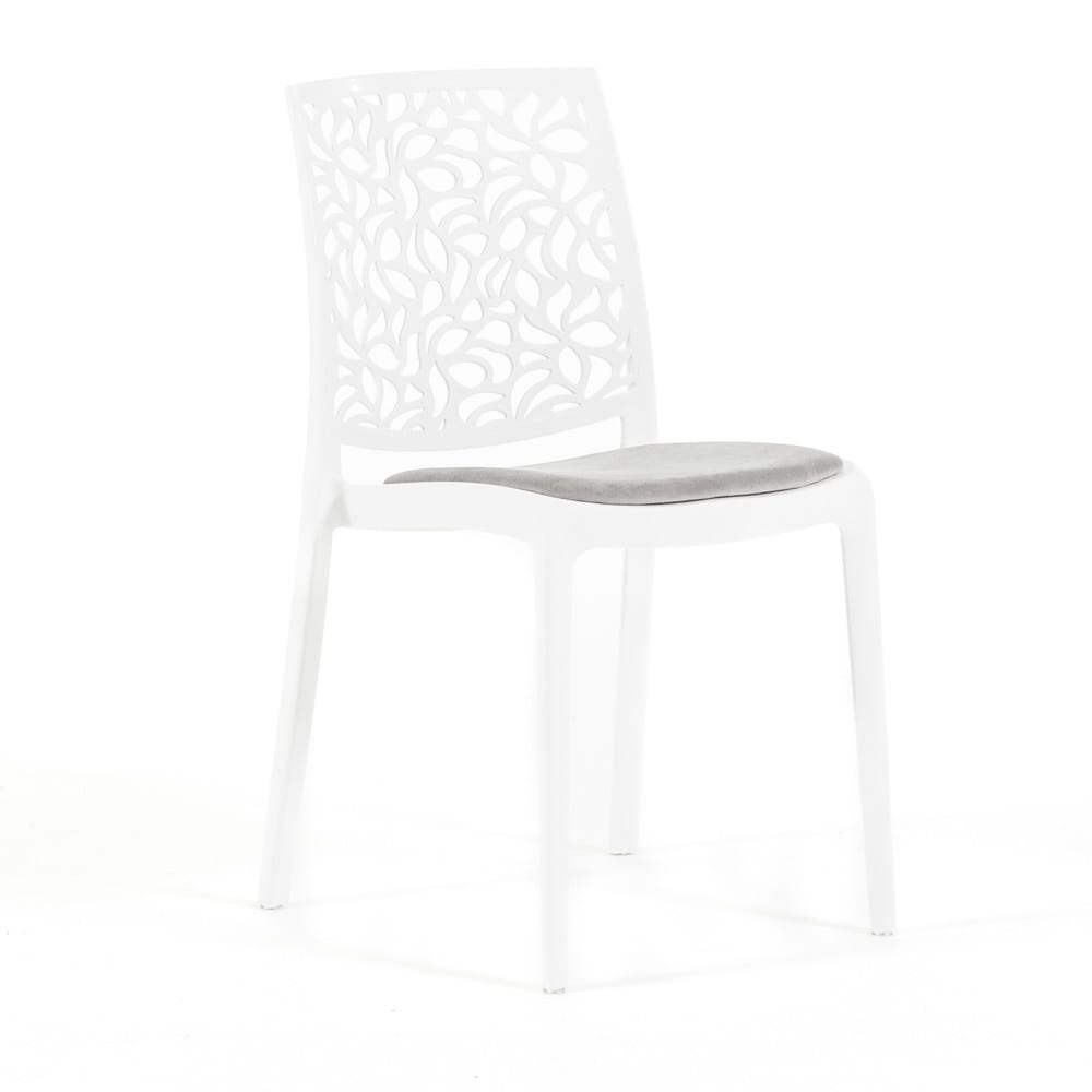 wohnli-moebel-suche-M25030309 Wohnli Möbelsuche - 2er-Set Stühle Polypropylen weiß mit grauen Kissen