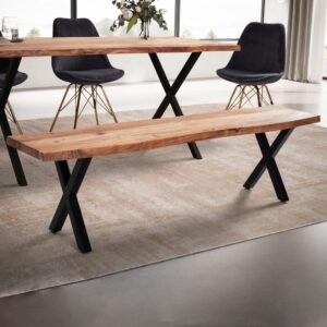 Esszimmerbank mit Baumkante und X-Beinen aus Akazie Braun 120x46x40cm Holz Braun FineBuy Möbel Esszimmermöbel Sitzbank und Holzbank
