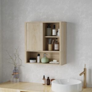 wohnli-moebel-suche-M25035140-1 Wandschrank Schiebetür Naturholz 60x62x20cm Spanplatte Beige Homcom Möbel Badezimmermöbel Badezimmerschränke