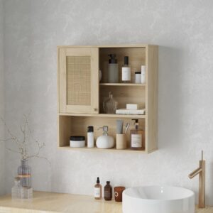 wohnli-moebel-suche-M25035143-1 Wandschrank mit Rattanschiebetür & Naturholzregalen 60x65x20cm Spanplatte Beige Homcom Möbel Badezimmermöbel Badezimmerschränke