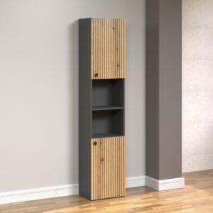 Badezimmersäule mit 2 Türen H186cm - Dekor Eiche und Grau 112x45x15cm Spanplatte Braun Calicosy Möbel Badezimmermöbel Bad-Hochschränke