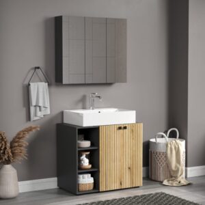 Badezimmerschrank mit Spiegel und 3 Türen L90 cm - Anthrazitgrau 90x80x20cm Spanplatte Grau Calicosy Möbel Badezimmermöbel Badezimmerregale