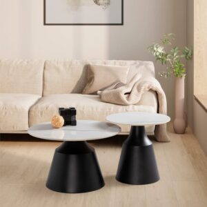 Set aus 2 runden Couchtischen in Hochglanz-Weiß - RILEY 70x43x70cm Metall Schwarz Calicosy Möbel Wohnzimmermöbel Couchtische