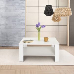 Couchtisch mit 1 Regalboden L90 cm - LENA - Weiß 90x42x90cm Spanplatte Weiß Calicosy Möbel Wohnzimmermöbel Couchtische