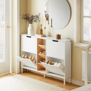 wohnli-moebel-suche-M25037001-1 Schuhschrank Schuhkipper Schuhkommode aus MDF(E1) Bambus Weiß 126x85x19cm Spanplatte Weiß SoBuy Möbel Flurmöbel Schuhschränke
