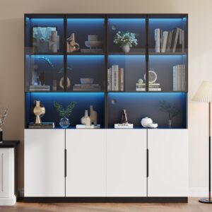 wohnli-moebel-suche-M25037175-1 Schwarzer Vitrinenschrank mit 4 weißen Glastüren und LED-Beleuchtung 80x200x30cm Spanplatte Weiß Urban Meuble Möbel Esszimmermöbel Vitrine und Vitrinenschrank