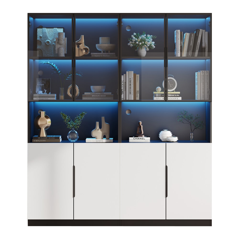 wohnli-moebel-suche-M25037175 Wohnli Möbelsuche - Schwarzer Vitrinenschrank mit 4 weißen Glastüren und LED-Beleuchtung