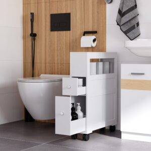 wohnli-moebel-suche-M25040853-1 Meuble de rangement salle de bain étroit étagère et tiroirs blanc 52x72x16cm Spanplatte Weiß Homcom Möbel Badezimmermöbel Bad-Hochschränke