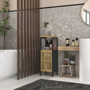 wohnli-moebel-suche-M25040855-1 Badezimmerschrank 1 Tür Bambus&Schwarzes Holz 32x91x30cm Holz Schwarz Homcom Möbel Badezimmermöbel Bad-Hochschränke