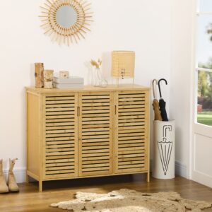 Armoire à chaussures 3 portes ajourées bambou bois naturel 100x80x35cm Bambus Beige Homcom Möbel Flurmöbel Schuhschränke