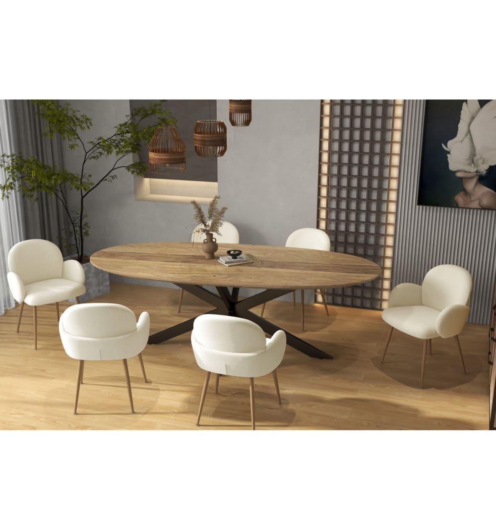 2er Set Stuhl aus Ecru-Schlingenstoff und Metall mit Holzdekor 50x85x60cm Stoff Weiß Moloo Möbel Esszimmermöbel Stühle