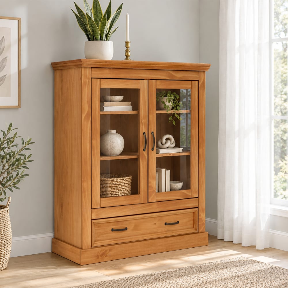 wohnli-moebel-suche-M25042625 Wohnli Möbelsuche - Vitrine mit 2 Türen und 1 Schublade aus Kiefer