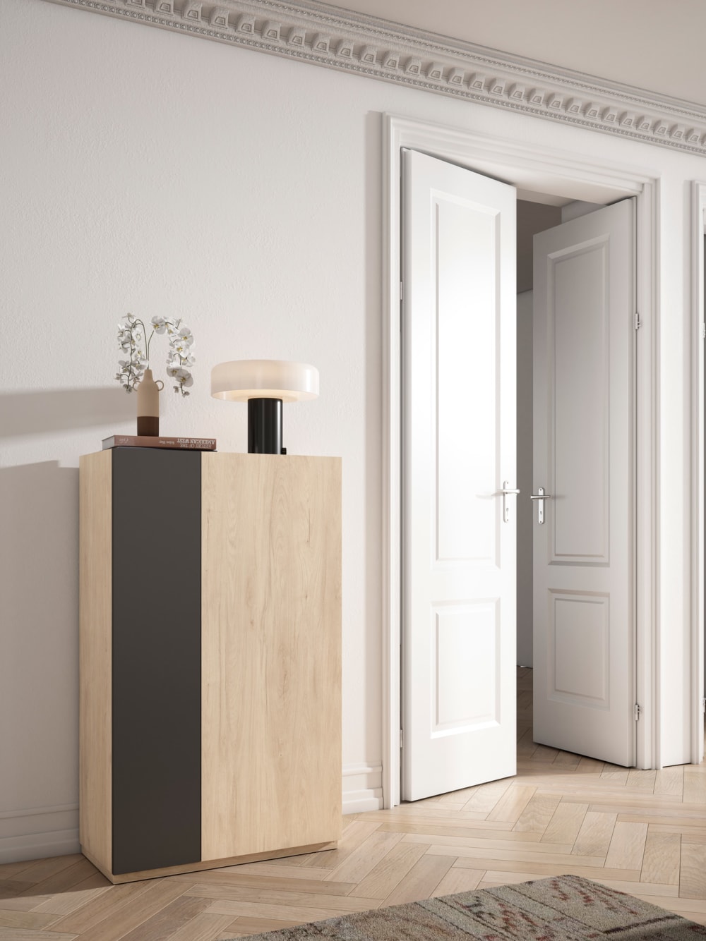 Schuhschrank aus Melamin in Hell-Eiche mit Tür in Graphit 122x70x35 cm 70x112x35cm Spanplatte Braun Herdasa Möbel Flurmöbel Schuhschränke