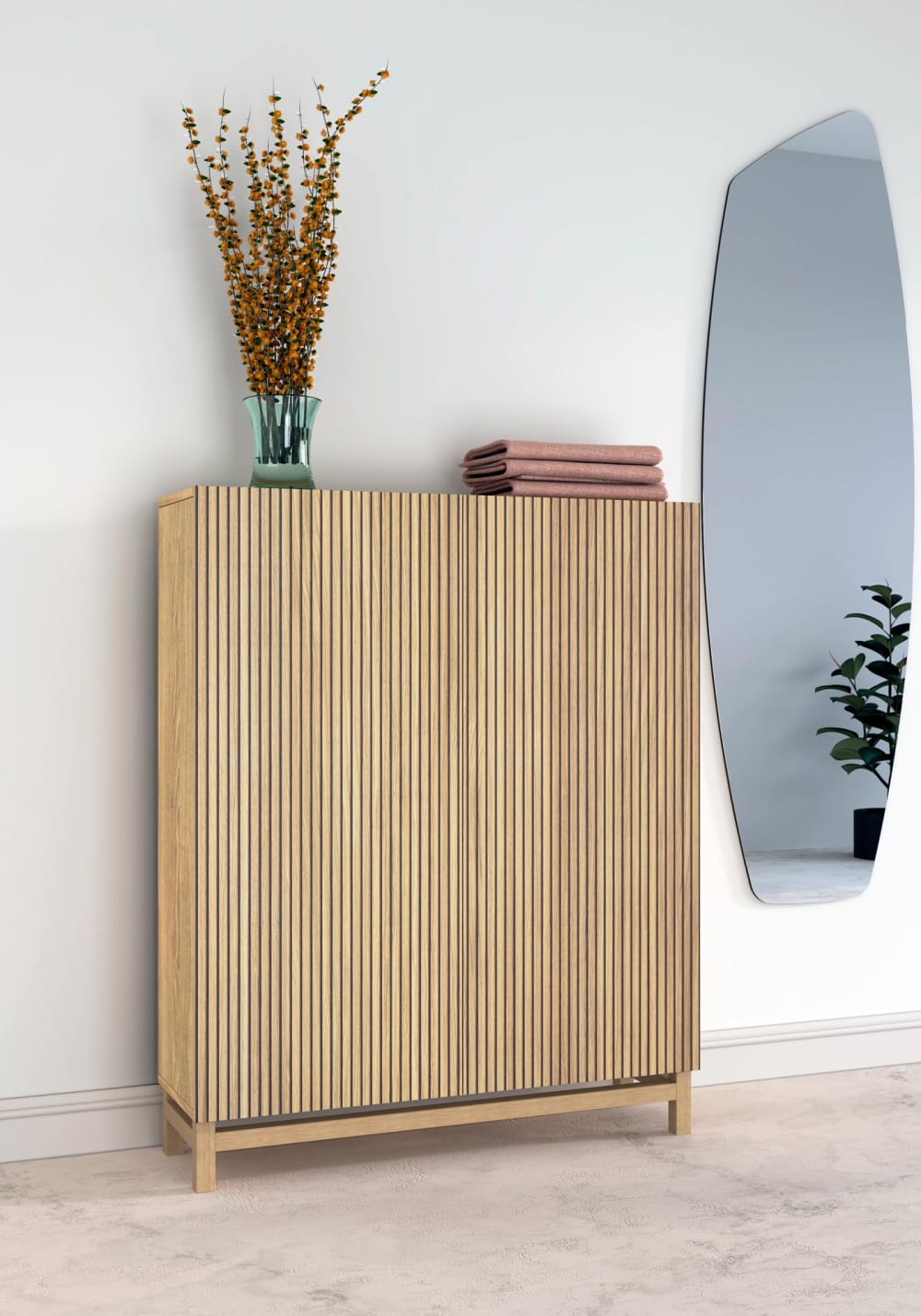 Schuhschrank aus Melamin Gold-Eiche mit Türen in Lattenoptik 112x90x27 90x112x27cm Spanplatte Braun Herdasa Möbel Flurmöbel Schuhschränke