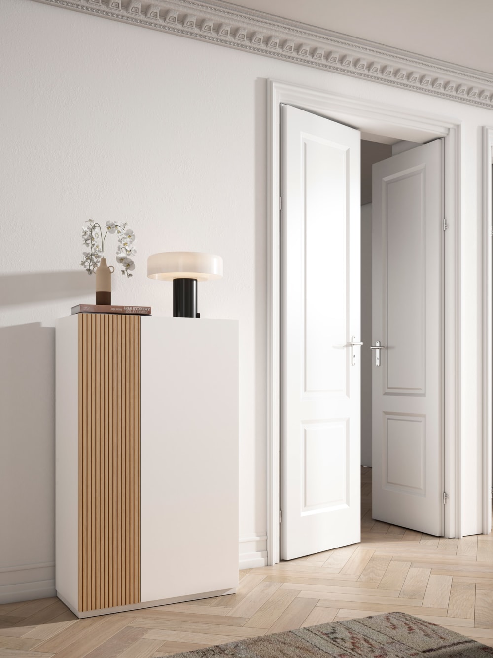 Schuhschrank aus Melamin in Weiß mit Tür in Lattenoptik 122x70x35 cm 70x112x35cm Spanplatte Weiß Herdasa Möbel Flurmöbel Schuhschränke