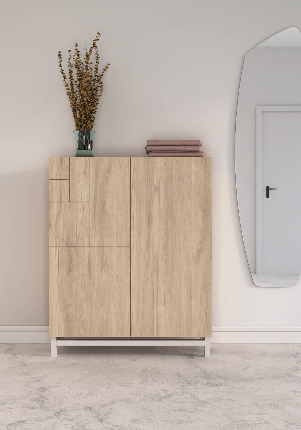 Schuhschrank aus Melamin in Hell-Eiche mit weißen Füßen 112x90x27 cm 90x112x27cm Spanplatte Braun Herdasa Möbel Flurmöbel Schuhschränke