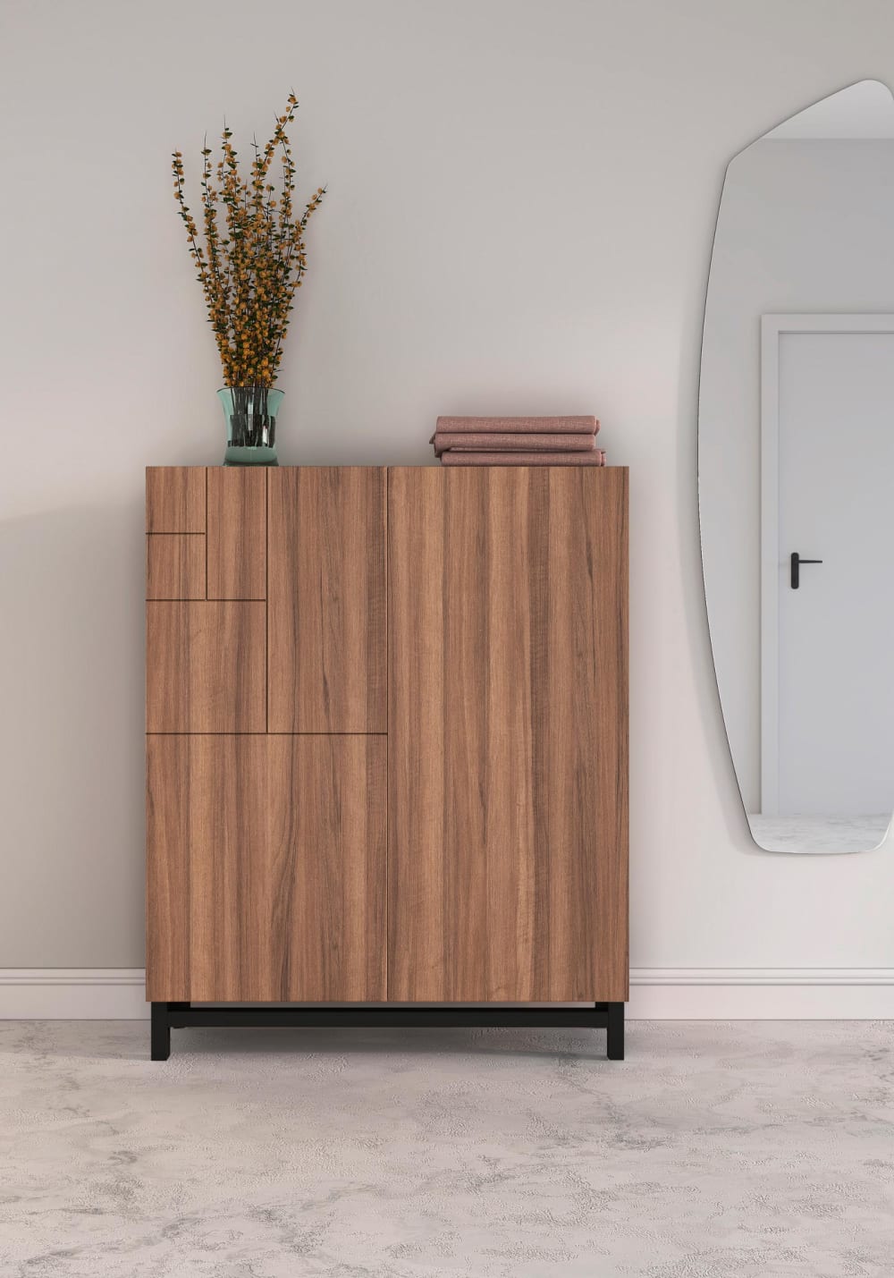 Schuhschrank aus Melamin Nussbaum mit schwarzen Füßen 112x90x27 90x112x27cm Spanplatte Braun Herdasa Möbel Flurmöbel Schuhschränke