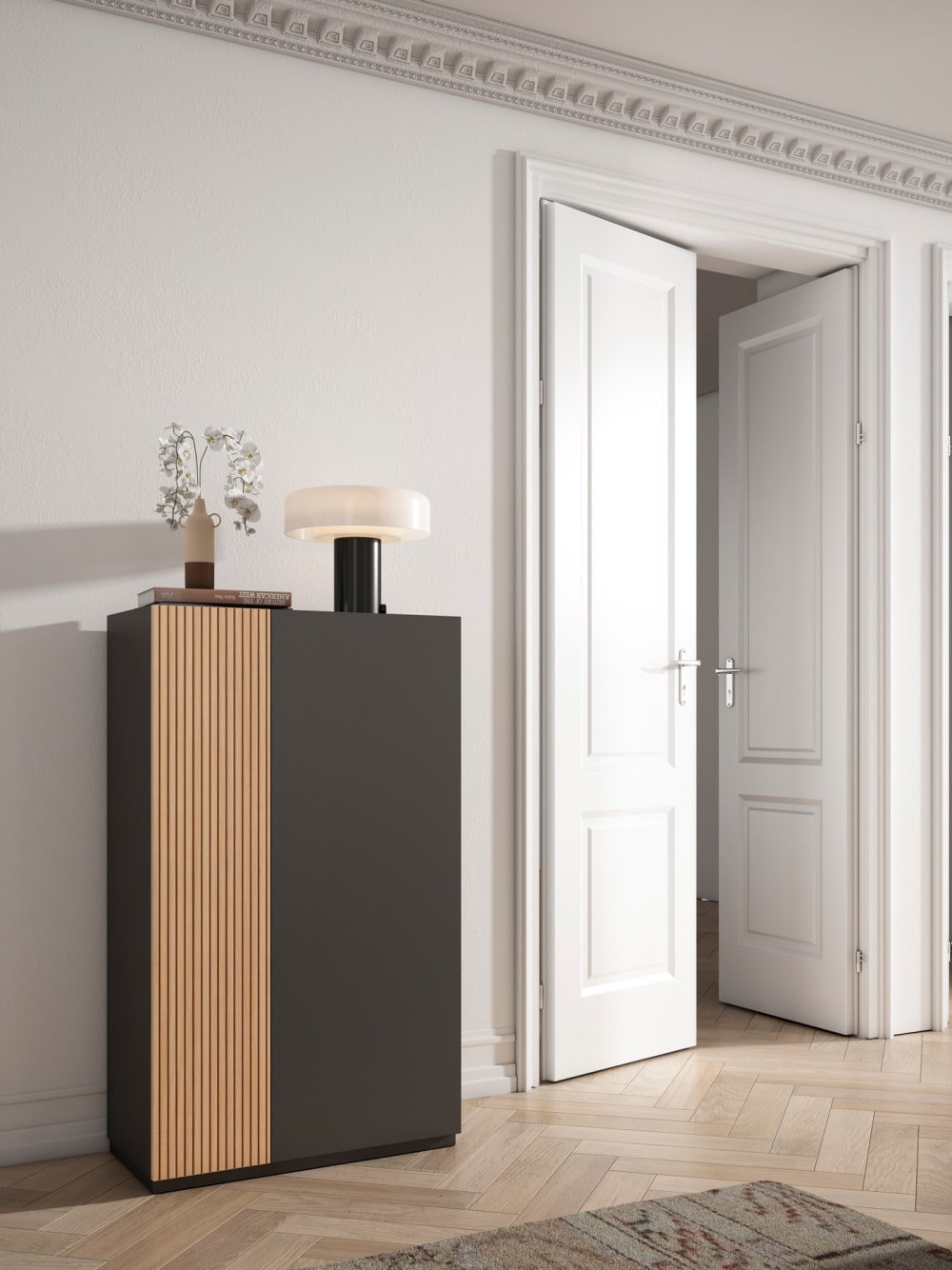 Schuhschrank aus Melamin in Graphit mit Tür in Lattenoptik 122x70x35 70x112x35cm Spanplatte Grau Herdasa Möbel Flurmöbel Schuhschränke