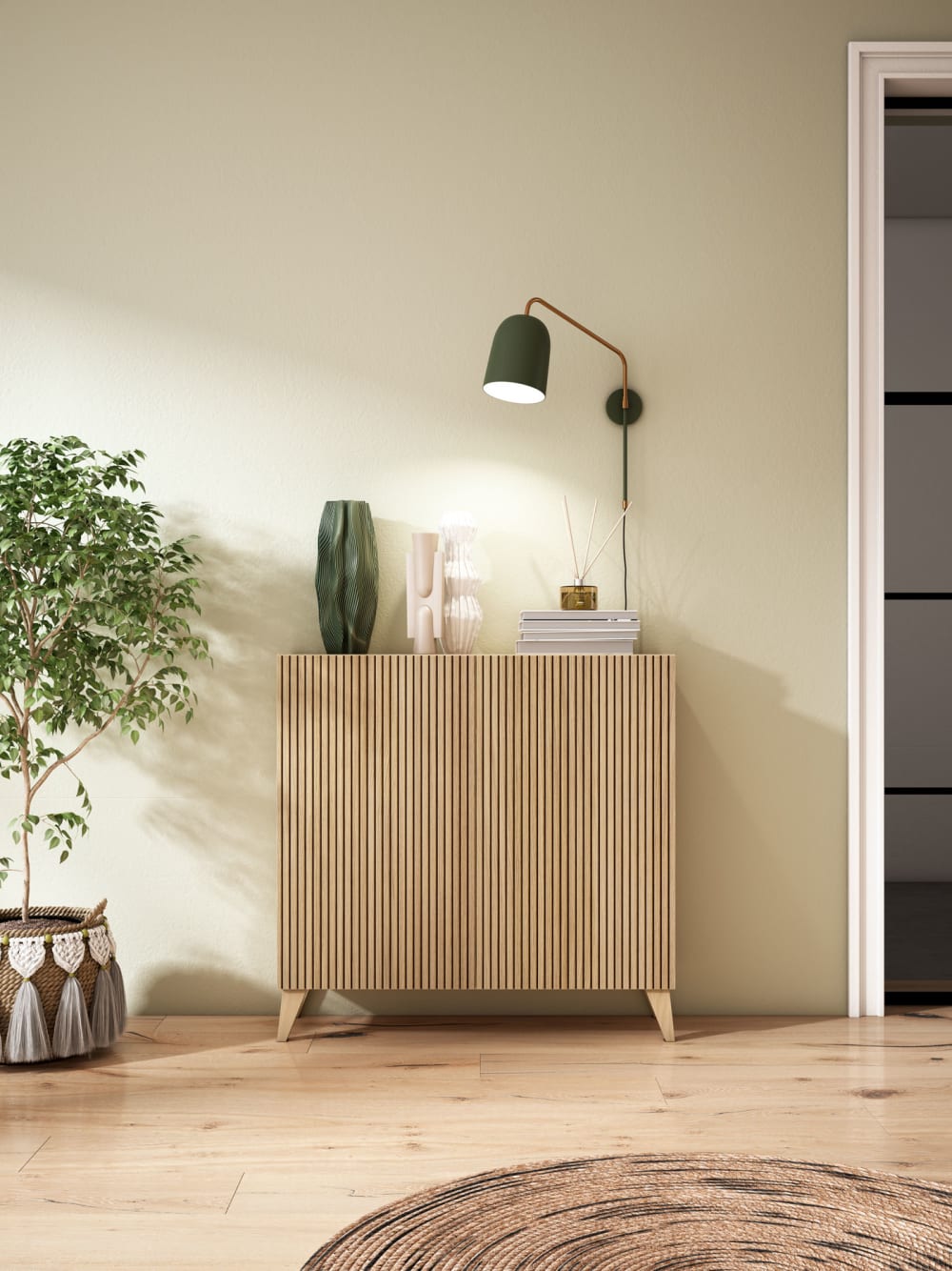 Schuhschrank aus Melamin Gold-Eiche mit Türen in Lattenoptik 90x90x27 90x87x27cm Spanplatte Braun Herdasa Möbel Flurmöbel Schuhschränke