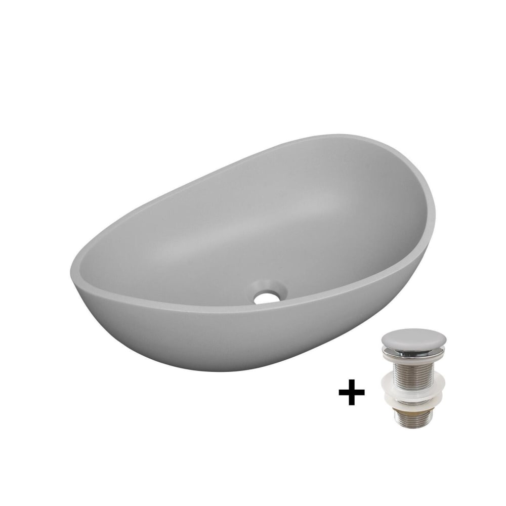 Wohnli Möbelsuche - Organisches Aufsatzwaschbecken aus glattem Beton 57x37cm + -Abfluss