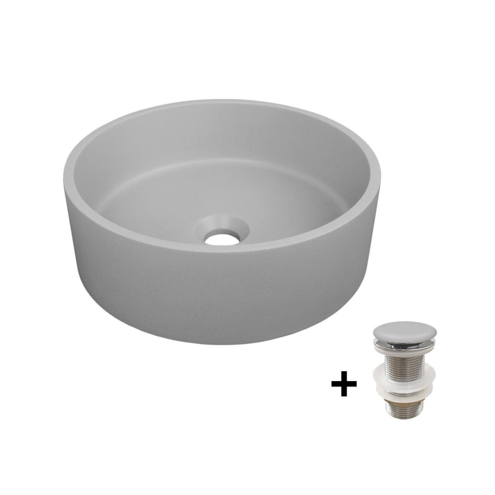 wohnli-moebel-suche-M25045619 Wohnli Möbelsuche - Rundes Aufsatzwaschbecken aus glattem Beton 36x36cm + -Ablaufgarnitur