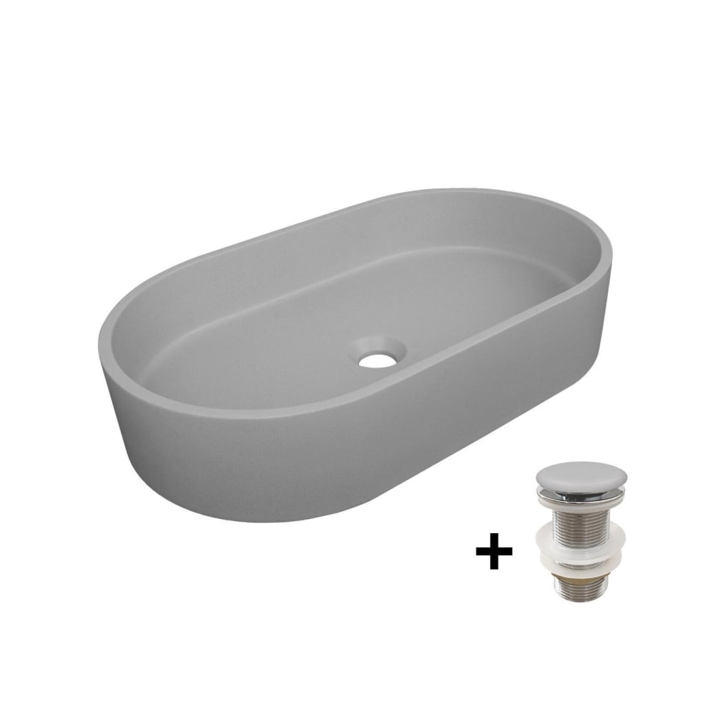 Wohnli Möbelsuche - Ovales Aufsatzwaschbecken aus glattem Beton 60x35cm + -Ablaufgarnitur