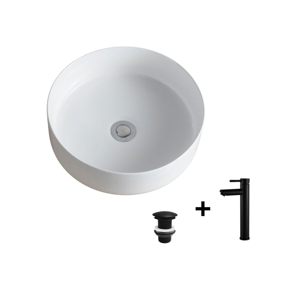 wohnli-moebel-suche-M25045626 Wohnli Möbelsuche - Rundes Aufsatzwaschbecken 36x36cm + Wasserhahn + -Ablaufgarnitur