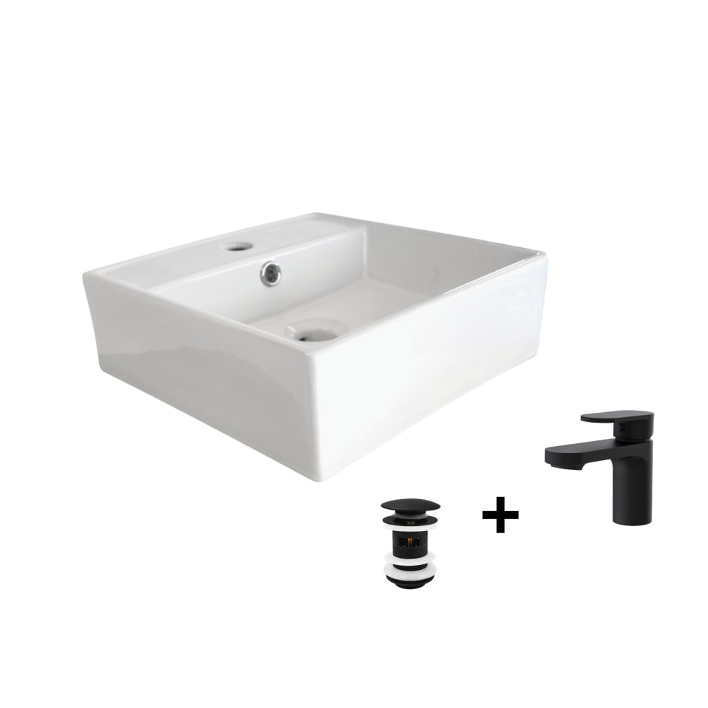 Wohnli Möbelsuche - quadratisches Aufsatzwaschbecken + Wasserhahn + Abfluss