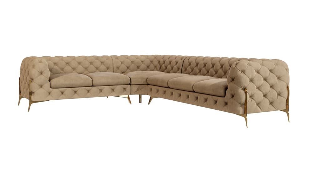 wohnli-moebel-suche-M25046235 Wohnli Möbelsuche - Ecksofa Chesterfield aus Samt mit goldenen Metall-Füßen