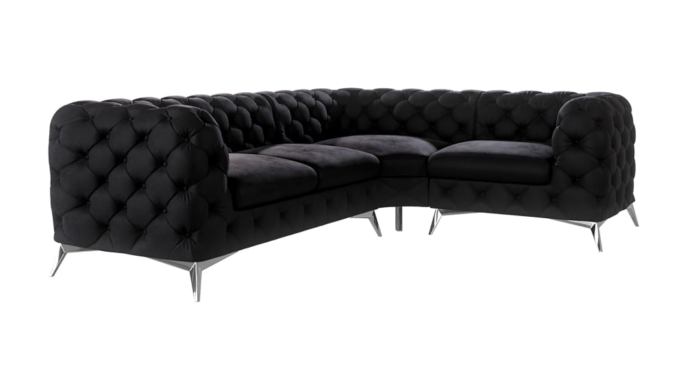 Wohnli Möbelsuche - Ecksofa Chesterfield aus Samt mit silbernen Metall-Füßen